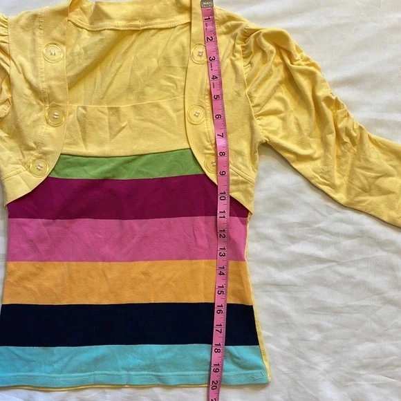 Vintage Yellow Ruched Sleeve Top with Colorblock and Faux Cropped Jacket size XS - Picture 2 of 6